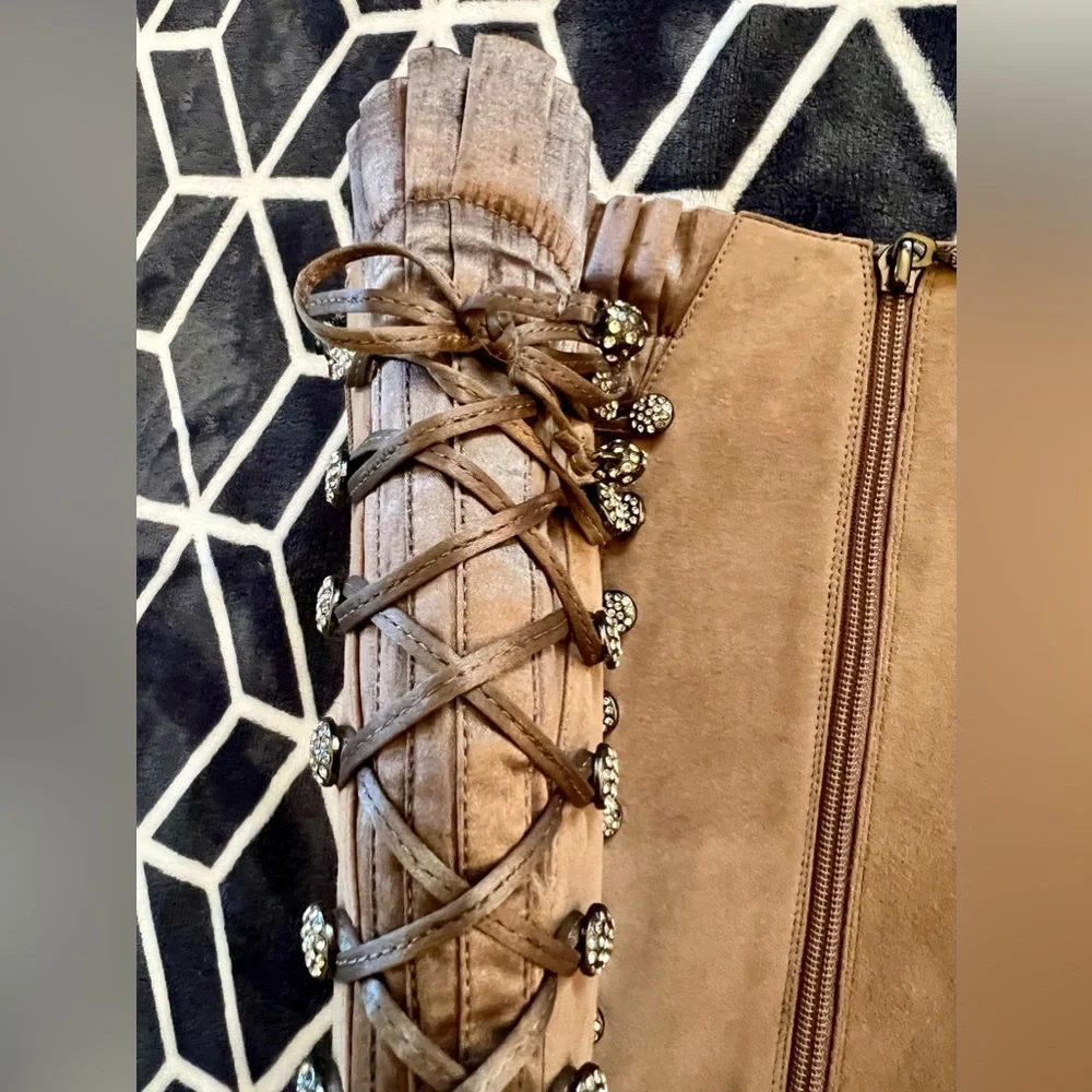 NWOT BOURNE BOOTS UK Designer Bejeweled Lace Up Satin & Suede Tan Sz EU37, US6.5 - Picture 15 of 15